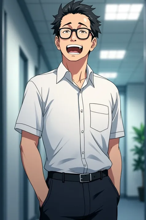 Asian, black hair, white shirt, black pants, black glasses, older, male anime character, Laughing, upper body shot, serious, office background,mastered Fintech and online technologies,Technical Worker