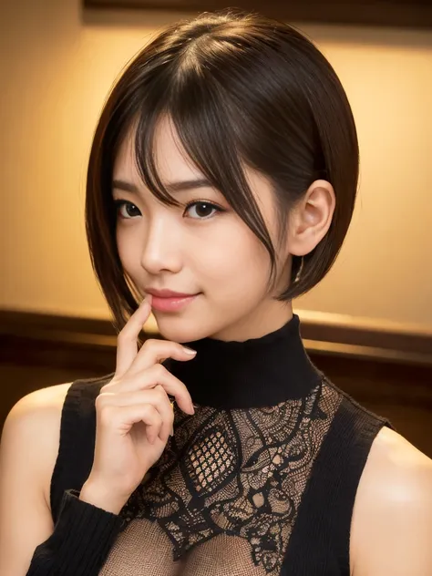 Japanese woman wearing a black sleeveless sweater、 (((masterpiece))), ((highest quality)), ((Intricate details)), (((超Realistic)), irrational solution, Near and far, Very detailed, Realistic, 1 girl, ((Big Breasts)), Perfect hands, Finger details, Beautifu...