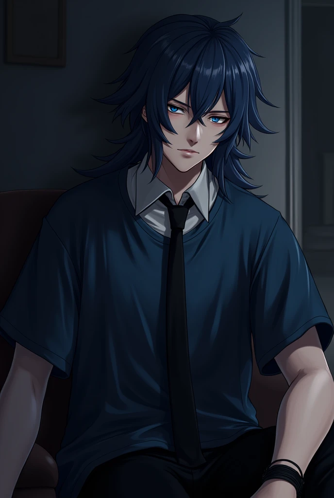 Masculine Anime guy with Long dark blue hair, Blue eyes with slight dark circles, wearing a dark blue loose Short sleeved t-shirt with a black tie and black gothic bracelets with black nails