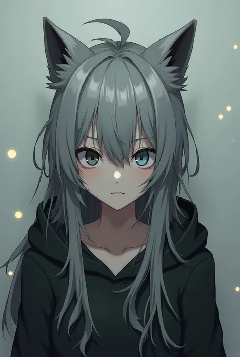 1 , masterpiece, super detail, Long hair, Ahoge, Gray hair, Raccoon ears, Heterocromia, no pupils, sigh, bored, empty eyes, No expressions, simple background (Her room),hood, anime style, 