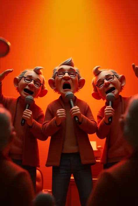 Elderly people singing into the microphone, in a room with an orange background, in 3D character format 