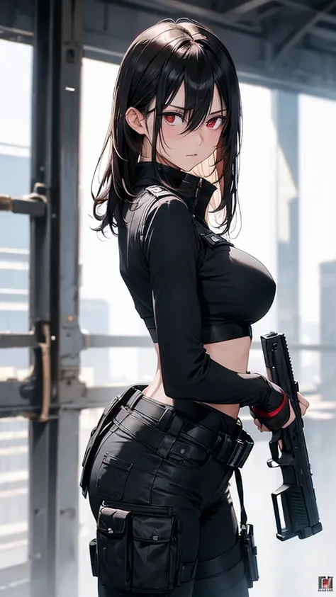 8k resolution,((Best Quality)),Ultra-high resolution,Adult women, Alone, sexy, (Angry face), (Red eyes), A beautiful, symmetrical face, (Black messy long hair,Eye-wide length),Military vest with exposed chest,Combat Cargo Pants,Realistic:1.4,Realistic:1.4,...