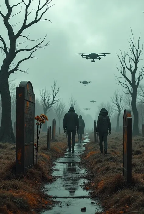 Visualize a cemetery in a dystopian world, where nature and technology have collided. The tombstones are made of rusty metal and broken glass., some with holographic screens displaying farewell messages. Withered trees with twisted trunks grow among the gr...