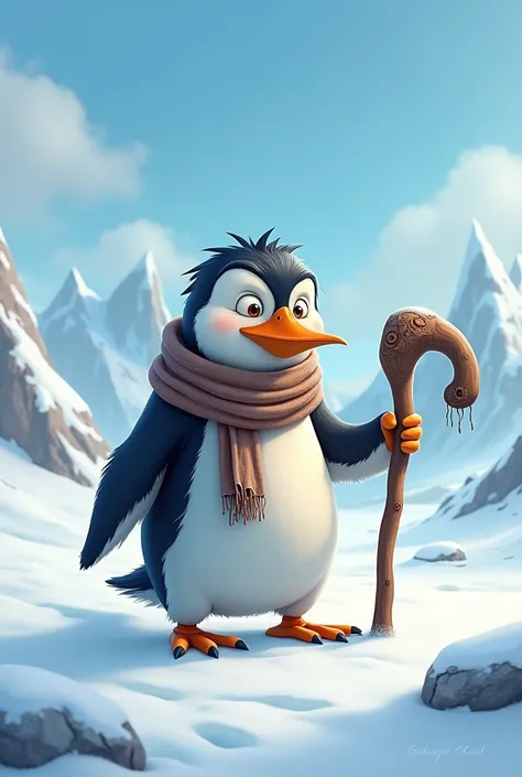 Old penguin with a walking stick in Antarctica in animation 