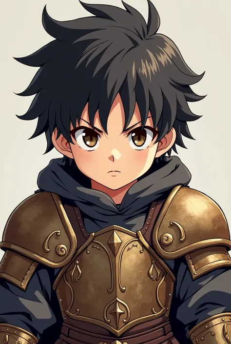 Anime boy with medieval armor, black hair and brown eyes, age 1, with a serious face and serious eyes, expressionless, something robust and muscular
