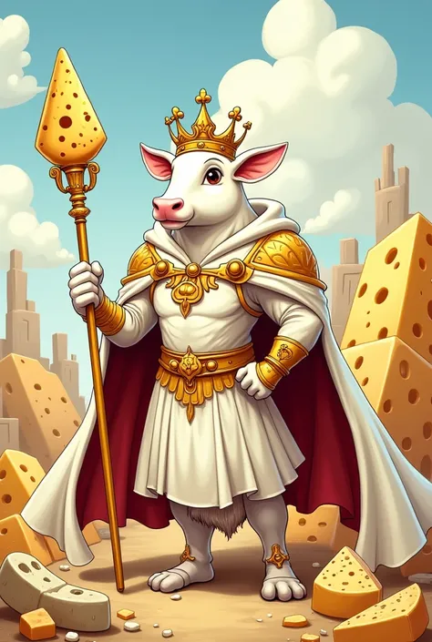 Dairy King with armor and milk cape, crown and scepter of cheeses, cartoon style