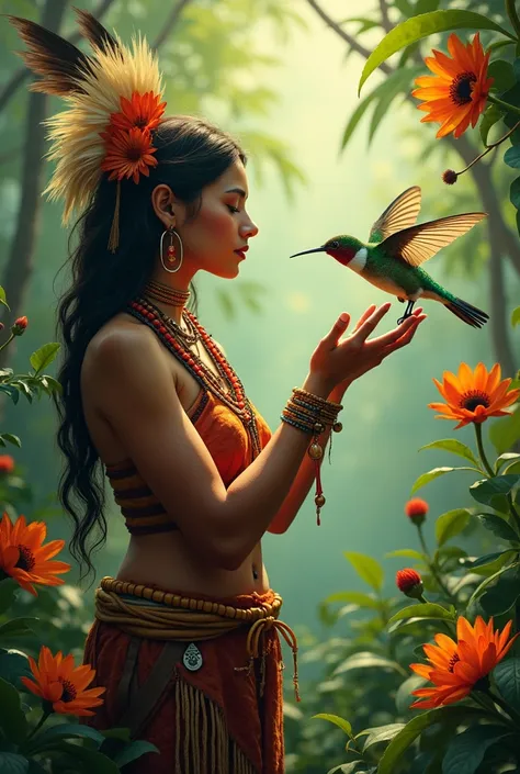 Hummingbird with an indigenous woman 



