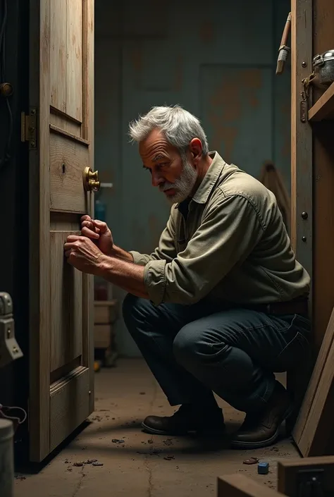 Gambar hyperrealistic, a man repairing a door hinge