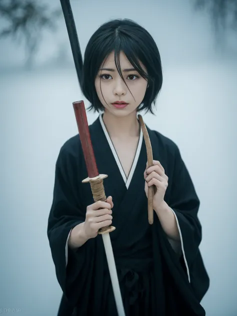 ((best quality, 8k, masterpiece:1.3, beautiful girl)), cute, detailed girl, (rukia), black hair, purple eyes:1.1, black kimono, ...