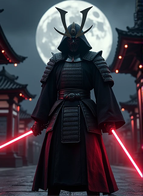 Darth Nihilus, Star Wars, wearing Black Samurai armor, holding a red lightsaber and Japanese sword,As Samurai,
 background is Japanese Shrine, 8k, masterpiece, high detailed, HD, in the dark night, full moon, dark atmosphere