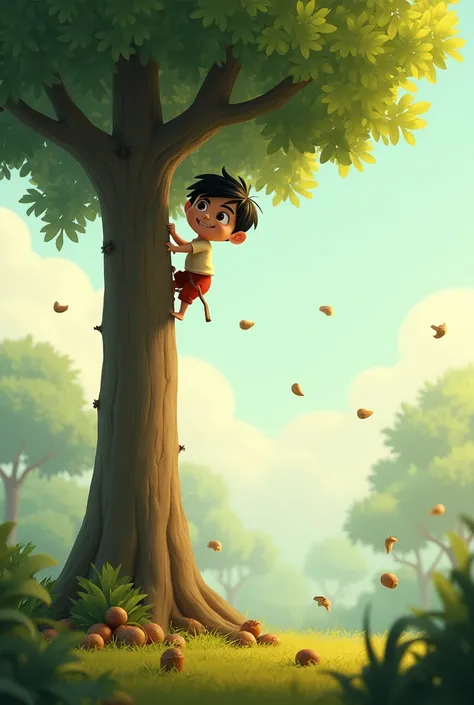 Chintu climbing trees and collecting nuts as the wind starts to pick up. Image Prompt: Chintu skillfully climbing a tall tree, with a few scattered nuts on the ground below..