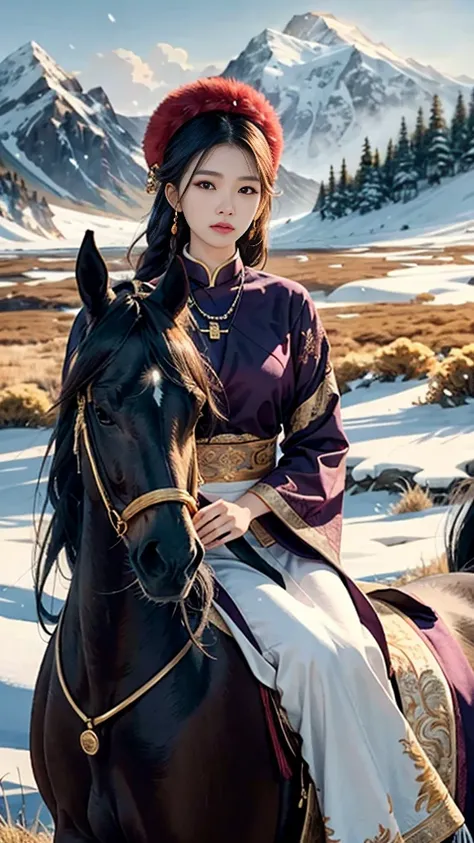 A beautiful young Thai-Chinese woman in traditional Mongolian attire, with a fur hat and intricate embroidery, sits confidently astride a black horse in a vast, open grassland. The landscape includes rolling hills and a snow-capped mountain in the distance...