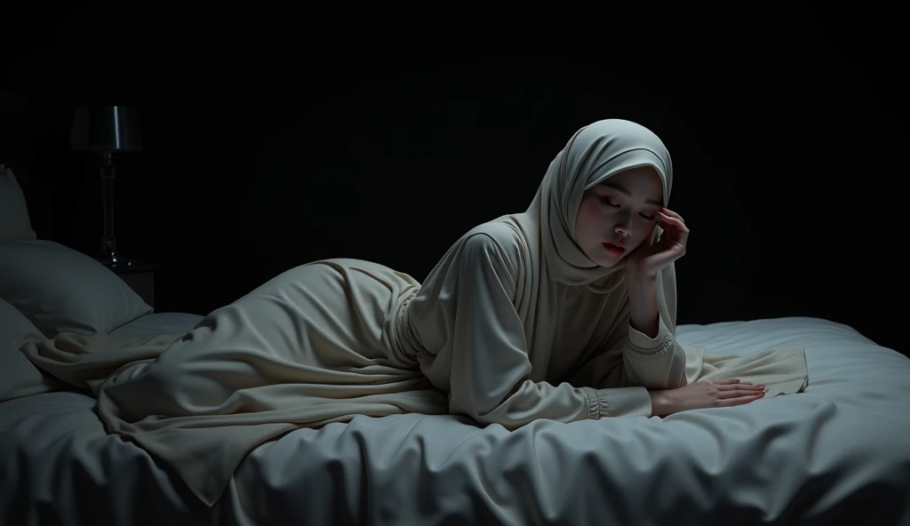 (photorealism:1.2), Beautiful Korean woman wearing Muslim clothes and a hijab lying on her back on the bed with an expression of lust, dark background  (( real life)), realistic