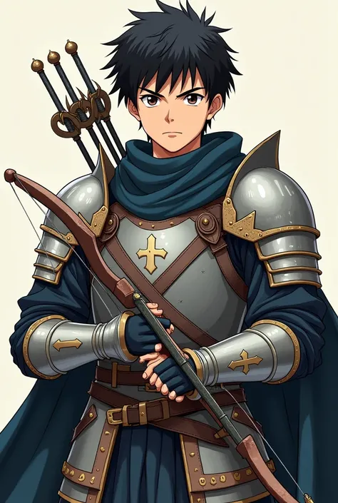 1 anime teenage boy with medieval adventurer armor black hair and brown eyes with a serious face and serious eyes expressionless, tall and carrying a crossbow 
