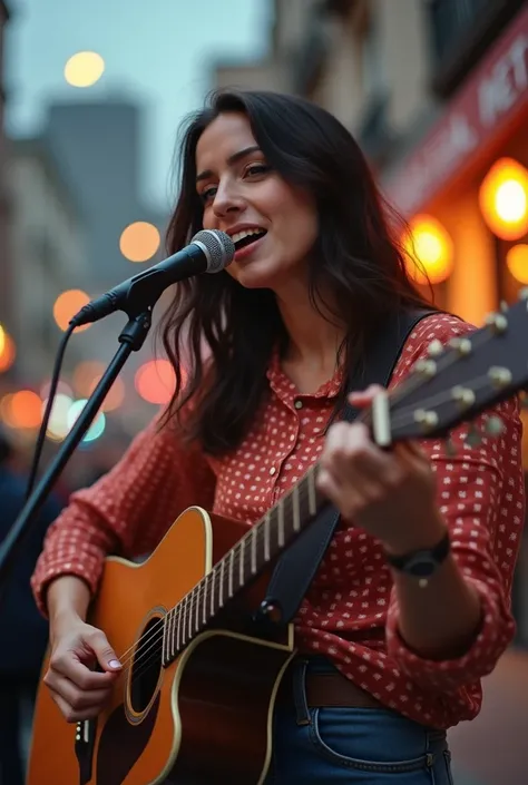 amazing live street ,Busker,woman  playing guitar and singing into microphone, a portrait by Leo Michelson, shutterstock, realism, portrait sophie mudd, the girl plays the guitar, playing guitar onstage, singer songwriter, performing on stage, singer - son...