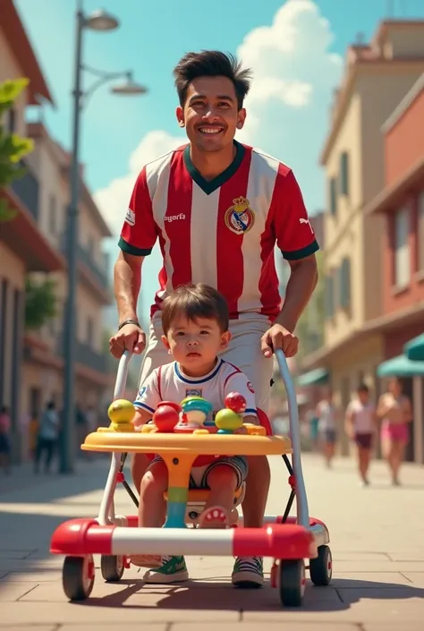 Create an image of a man wearing a red and white parallel striped jersey from the Chivas club with a baby walker 