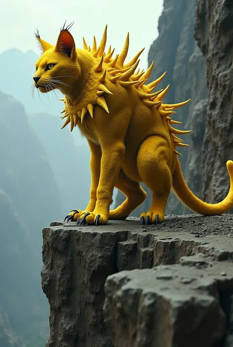 yellow cat, with yellow eyes. He is standing al borde de un risco, dressed as a zerg from starcraft 2. It is evil. humanoid body. He is standing.