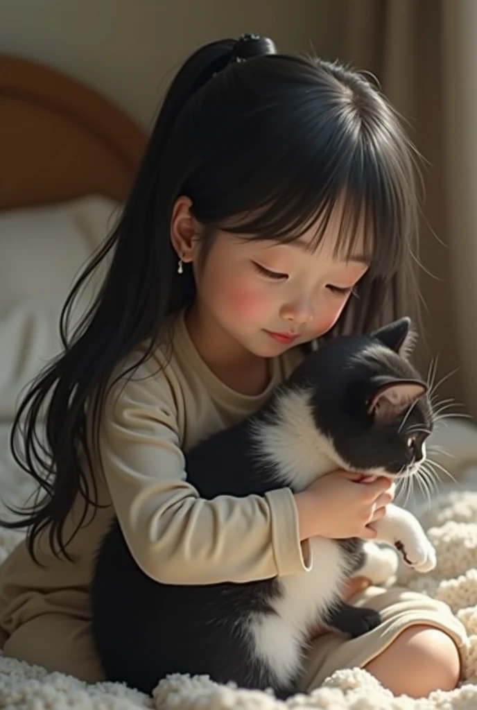 Asian girl hugs a black and white cat