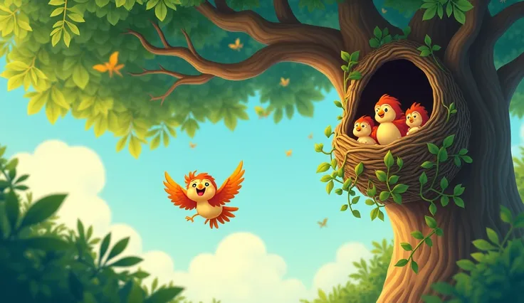 *Pihu lived happily with her parents and siblings in a nest on a large banyan tree. She was playful, carefree, and joyful, soaring in the sky without worry.*High Resolution, High Quality, High Details, Super Detailed, High Quality, 