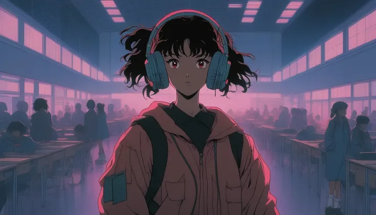 anime girl with headphones standing in front of a school, 9 0 s anime aesthetic, lofi girl, from akira ( 1 9 8 8 ) style, 8 0 s anime vibe, lofi artstyle, akira vibes, style of akira motion movie, akira anime cyberpunk, in the style of akira