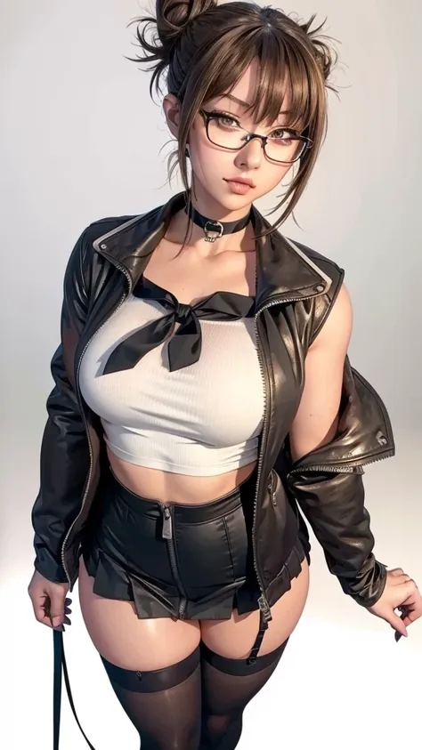 striderscribe,(((STRIDERSCRIBE))),1girl as shiraki meiko,hair bun, glasses,school uniform, black thighhighs, plaid skirt, knee boots, ribbon choker, brown jacket black bodysuit, unzipped,striped, midriff, prison clothes, detailed eyes, detailed face, detai...