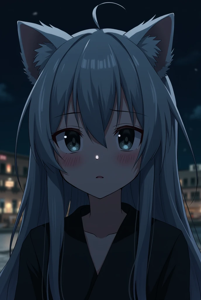 1 , masterpiece, super detail, Long hair, Ahoge, Gray hair, Raccoon ears, Heterocromia, no pupils, sigh, bored, empty eyes, No expressions, simple background (Square at night), anime style, 