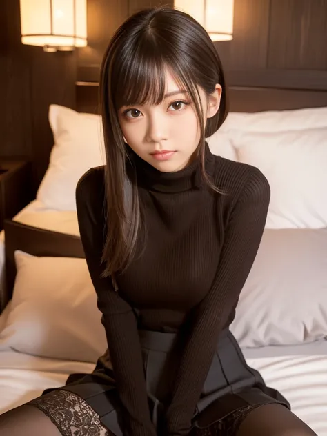 Product quality, 1 girl, Cowboy Shot, Front View, Young and cute Japanese girls, At night, Wearing a black knitted turtleneck sweater, Wearing a mini skirt, Super cute face, Glossy lips, Double eyelids on both eyes, (Natural Makeup), Shiny smooth light bro...