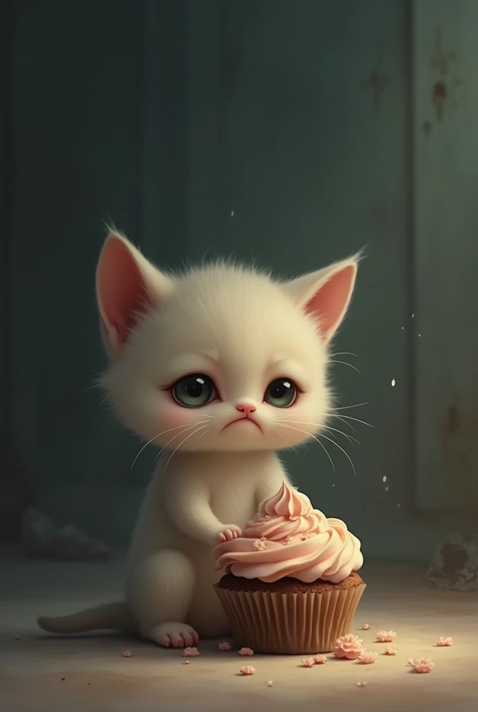 Sad kitten eating cupcake