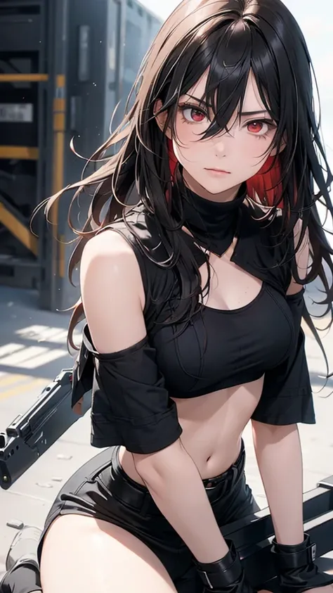 8k resolution,((Best Quality)),Ultra-high resolution,Adult women, Alone, sexy, (Angry face), (Red eyes), A beautiful, symmetrical face, (Black messy long hair,Eye-wide length),Military vest with exposed chest,Combat long pants,Realistic:1.4,Realistic:1.4,(...