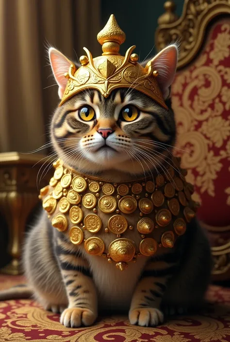 A rich cat wearing Golden coin helmet 