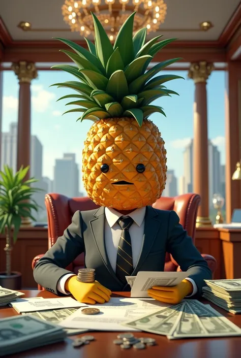 Pineapple dressed as an executive organizing the accounting of her elegant company with money around