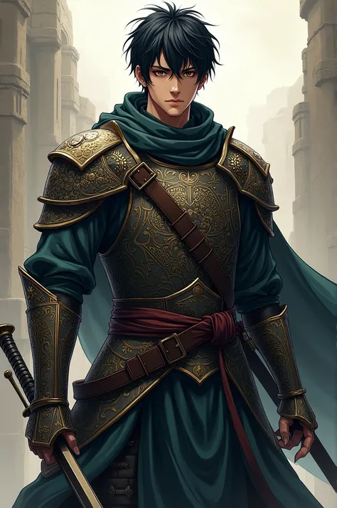 1 anime boy, with medieval adventurer armor, black hair and brown eyes, with a serious face and serious eyes, expressionless, high, Carrying a sword at his waist and a repeating crossbow