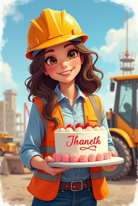 You can create an image of a lady civil engineer holding a cake and some happy birthday JANETH letters 
" in drawing version" with the name Jhaneth on the cake