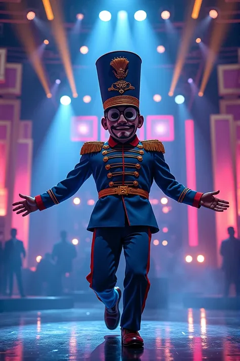 creating an image of a male singer wearing a "toy soldiers" mascot performing on The Masked Singer stage