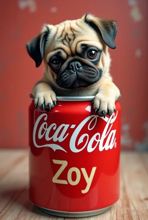 A pug in the middle of a coca cola can with zoy written underneath