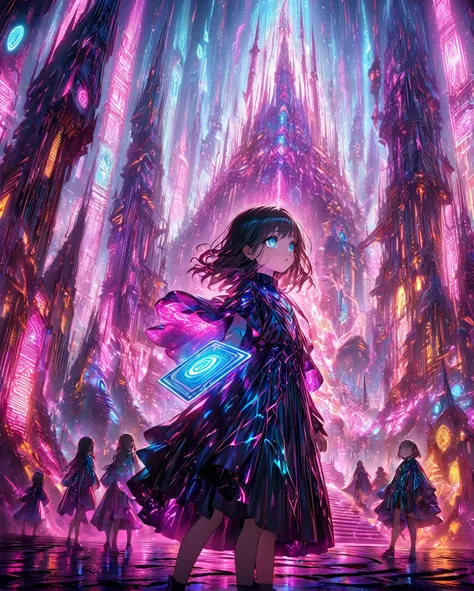 A young girl, around eight years old, stands in awe amidst the towering, neon-lit structures of the eldritch world. The child wears a sleek, futuristic outfit with glowwave accents—neon blues and pinks running along the seams of their clothing. Their eyes ...