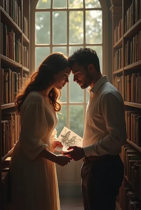 A man and a woman looking at each other inside a library and drawing form 