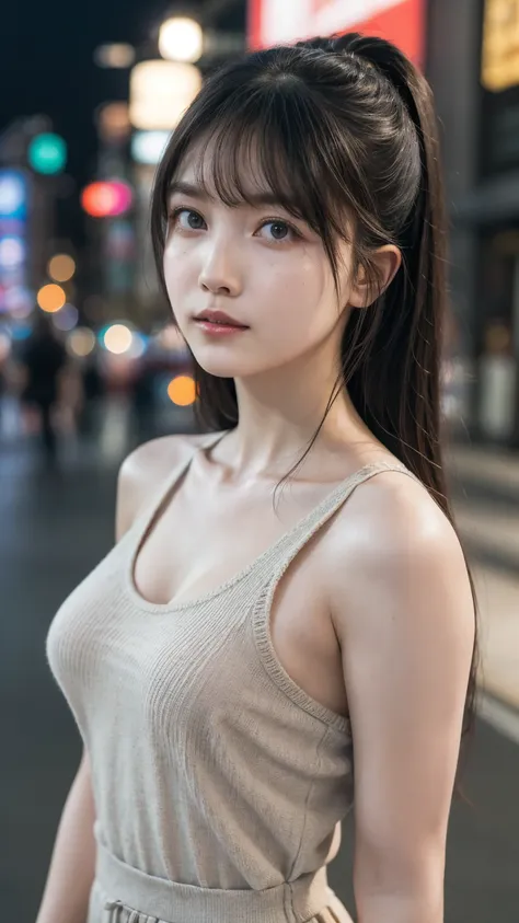 single girl, summer, city, osaka street, evening, city lights, medium body shot, close-up, 8k, raw photo, highest quality, maste...