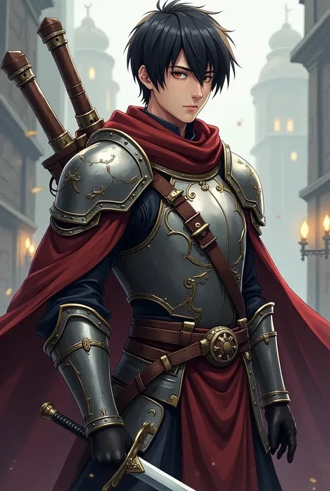 1 anime boy, with medieval adventurer armor with cape, short straight black hair and brown eyes, with a serious face and serious eyes, expressionless, high, Carrying a sword at his waist and a repeating crossbow