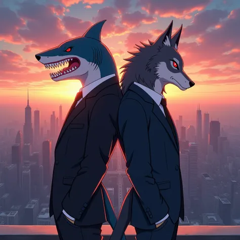 On top of a building at sunset, a shark man and a wolf man back to back. Both of them wearing suits that look like executives and in anime style. 