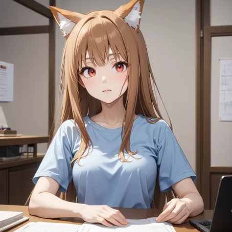 red eyes，holo，fox ears,blouse t-shirt.