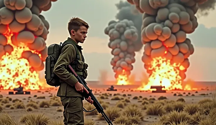 This boy, dressed in military clothing, with a rifle in his hands, and in the background a rain of bombs bursting into a flat field