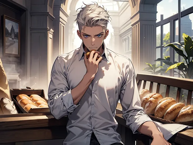 Boys aged between 22 , Have muscles,A man with short white hair (Quiff Hairstyles)One person,handsome, . big, Blue eyes. He was sitting comfortably on a bench..Wear a white shirt., He held a piece of bread that had been bitten into small pieces..เขาสวมWhit...