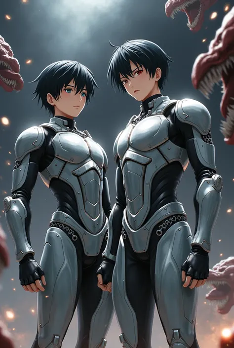 2 anime boy, with a metal exoskeleton, short straight black hair and brown eyes, with a serious face and serious eyes, expressionless, high fighting monsters 