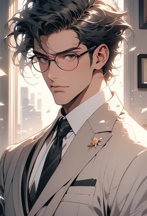 A tall, handsome manwith jet-black short hair and sharp, intense dark eyes. He is wearing a perfectly tailored, sleek black suit, exuding a cold and composed aura. He is standing in a luxurious, modern office, leaning slightly closer, his posture softened ...