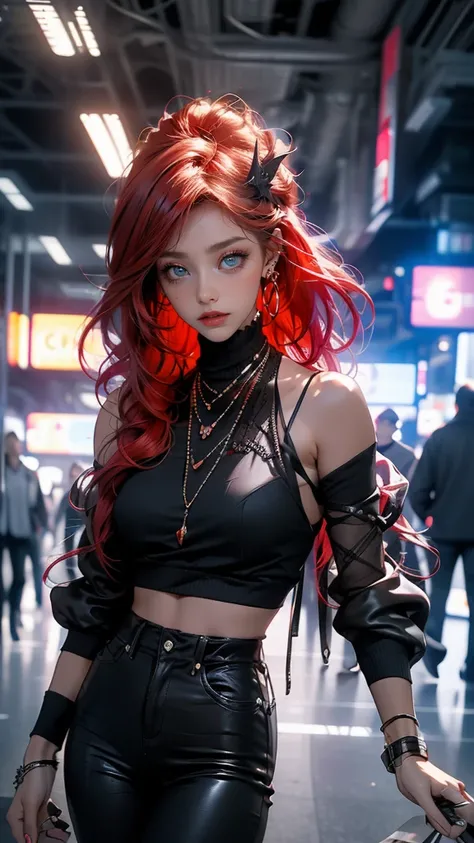 An illustration of a fierce character with fiery red hair, in the style of Molecular, Al Capp, intense and powerful, photo-enhanced, cyberpunk genre, fiery red --ar 48:85 --niji 5