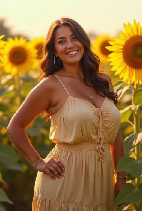 Create an image of my girlfriend, She is chubby and has chocolate hair , little nose, stomach 1,50, She has cheeks posing in sunflowers 