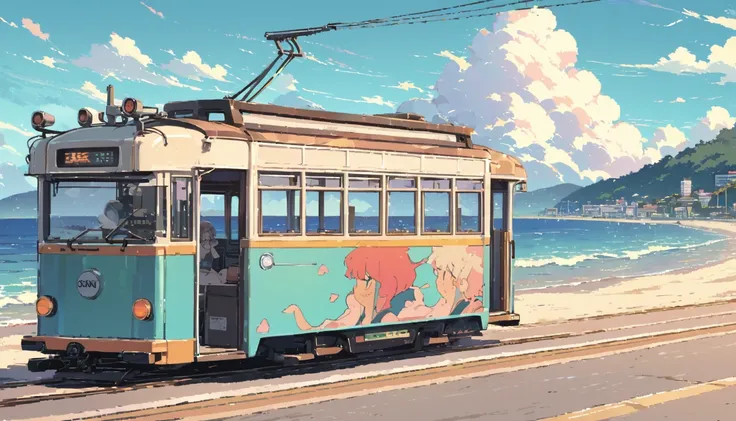 ((anime:1.4,illustration)),(masterpiece, top quality, best quality),(ultra-detailed, absolutely resolution),((16k, high res)), (((tram, seaside, blue sky, cumulonimbus cloud)) ((cozy lofi illustration:1.4)), ((anime:1.4, illustration)),(masterpiece, top qu...