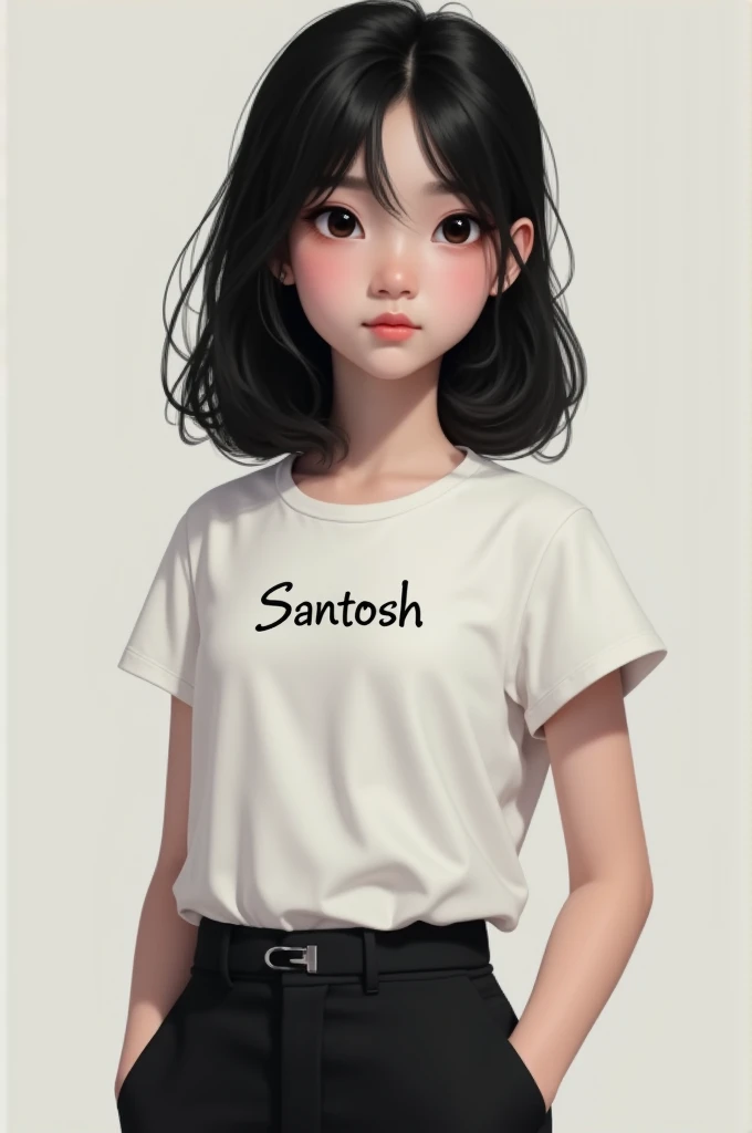 A girl with black colour and white t shirt and black pant on tshirt name santosh