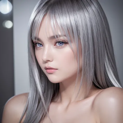 Photo-real, photo-real, photo-real, photo-real, full body, real image, ((Masterpiece)), beautiful girl, gravure model, silver eyes, silver hair, well-shaped face, glossy lips, high resolution, super high Resolution, large capacity, full color, high image q...